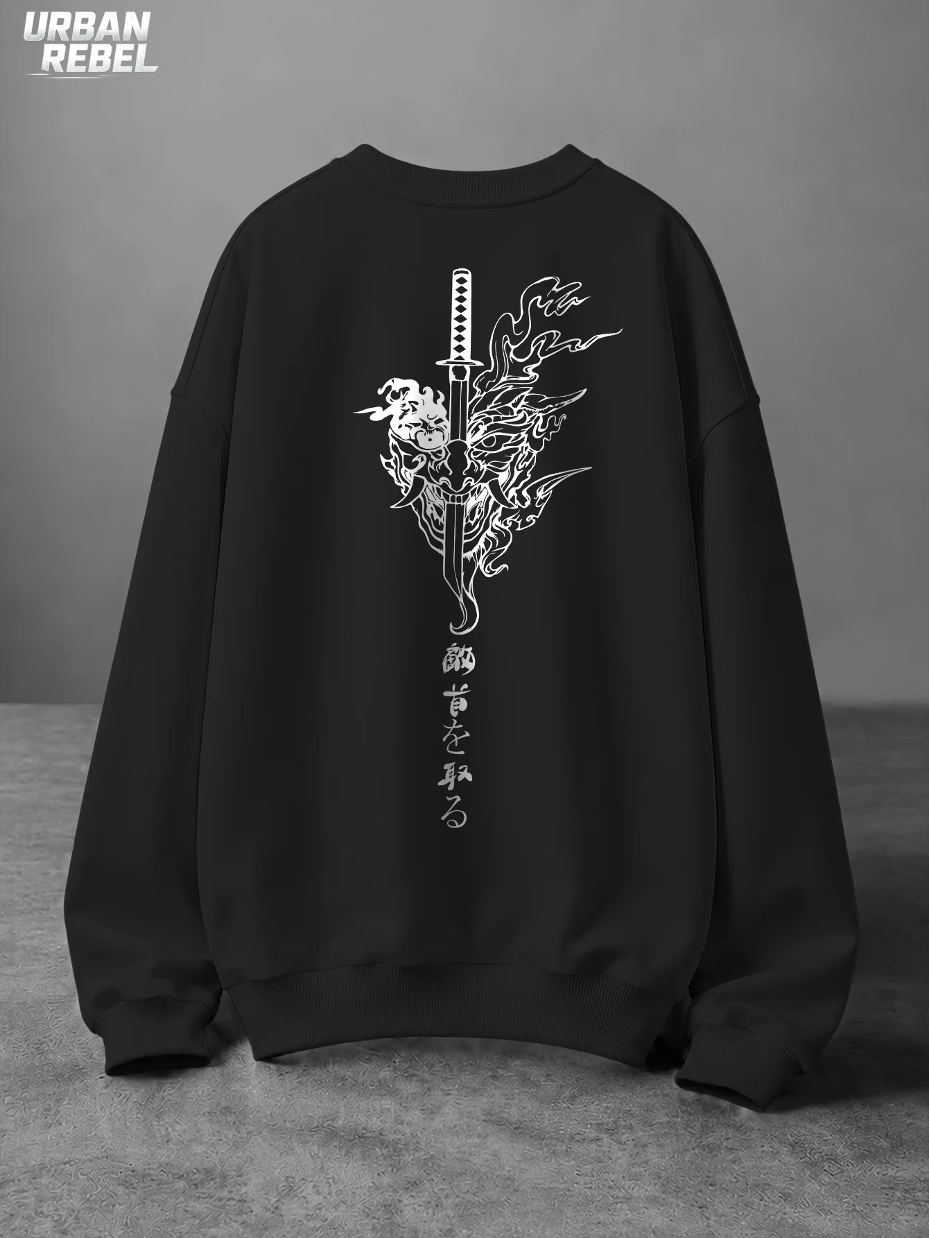Men Black Crew Neck Sweatshirt Oversized Japanese Samurai Katana Oni Back Print Drop Shoulder Loose Fit Y2K Streetwear Pullover