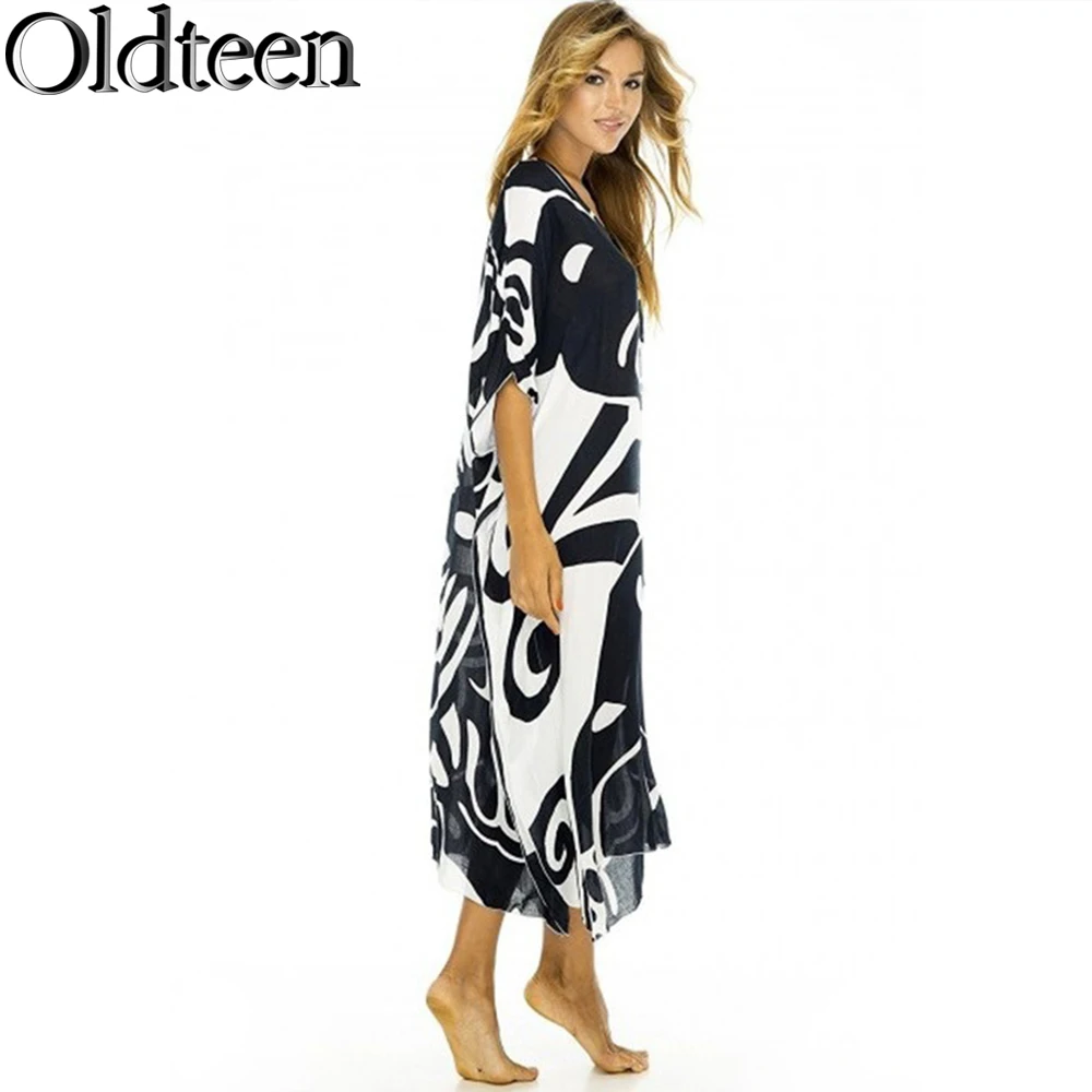 Hot Selling Artificial Cotton Black and White Butterfly Printed Long Skirt Summer Loose Beach Skirt Street Casual Dress Cover Up