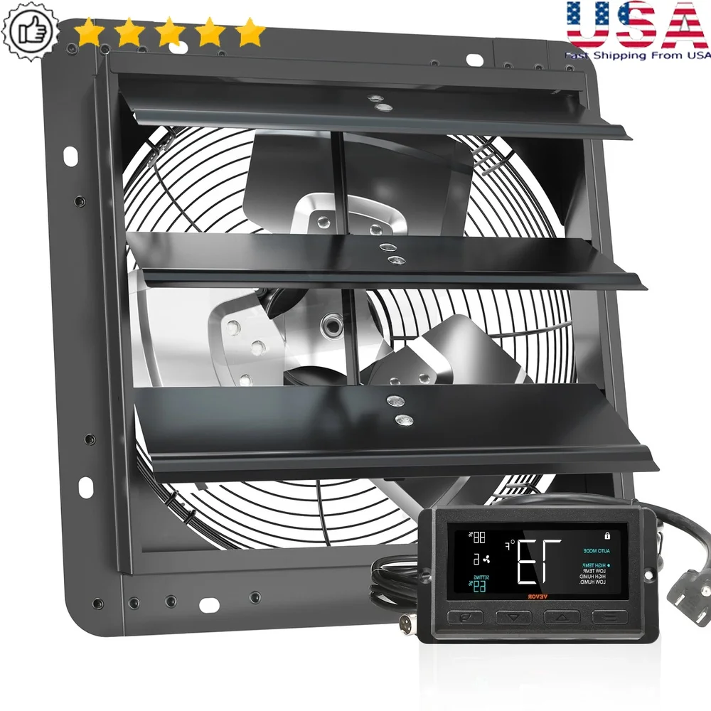 12 Inch Exhaust Shutter Fan with Temperature Humidity Controller EC Motor 940 CFM 10 Speed Wall Mount Ventilation Solution