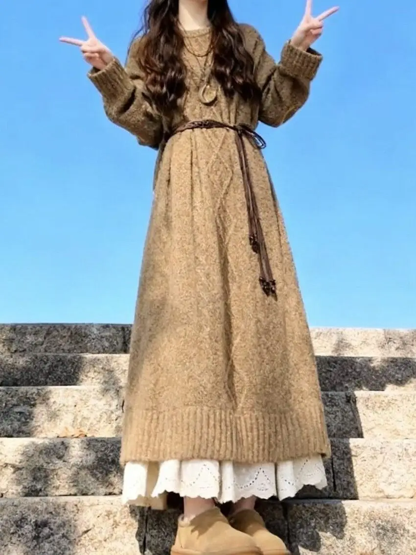 

plus Size Knitted Dr Women's Thi Long Sve Waist Cinched Long Dr Warm Sweater Dr Autumn Winter Gentle Lazy Sle