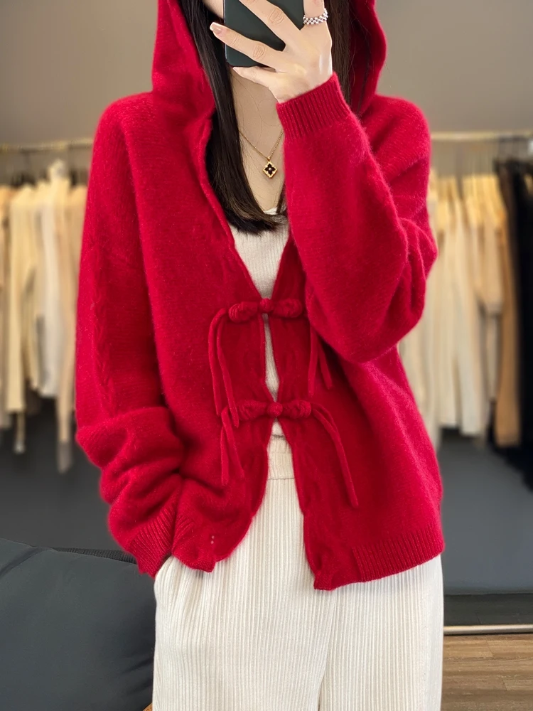 Aliselect Fashion Women Clothing 100% Merino Wool Sweater Hooded Long Sleeve Spring Autumn Winter Cardigan Knitwears Tops