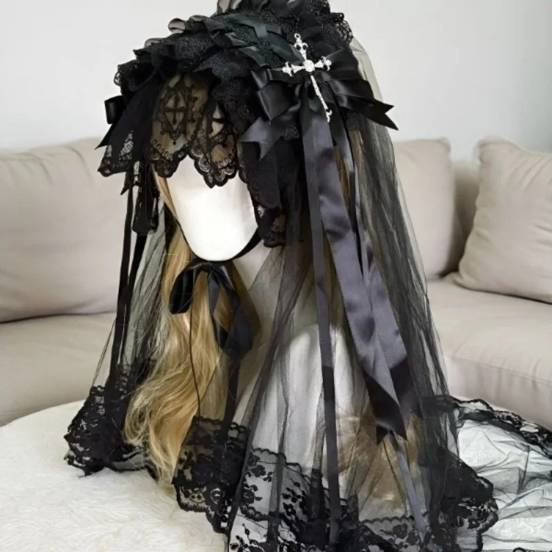 Gothic Dark Angel Black/White Veil Subculture Nun Cosplay Lolita Headpiece Women Halloween Hairband Daily Fashion Headwear view 3