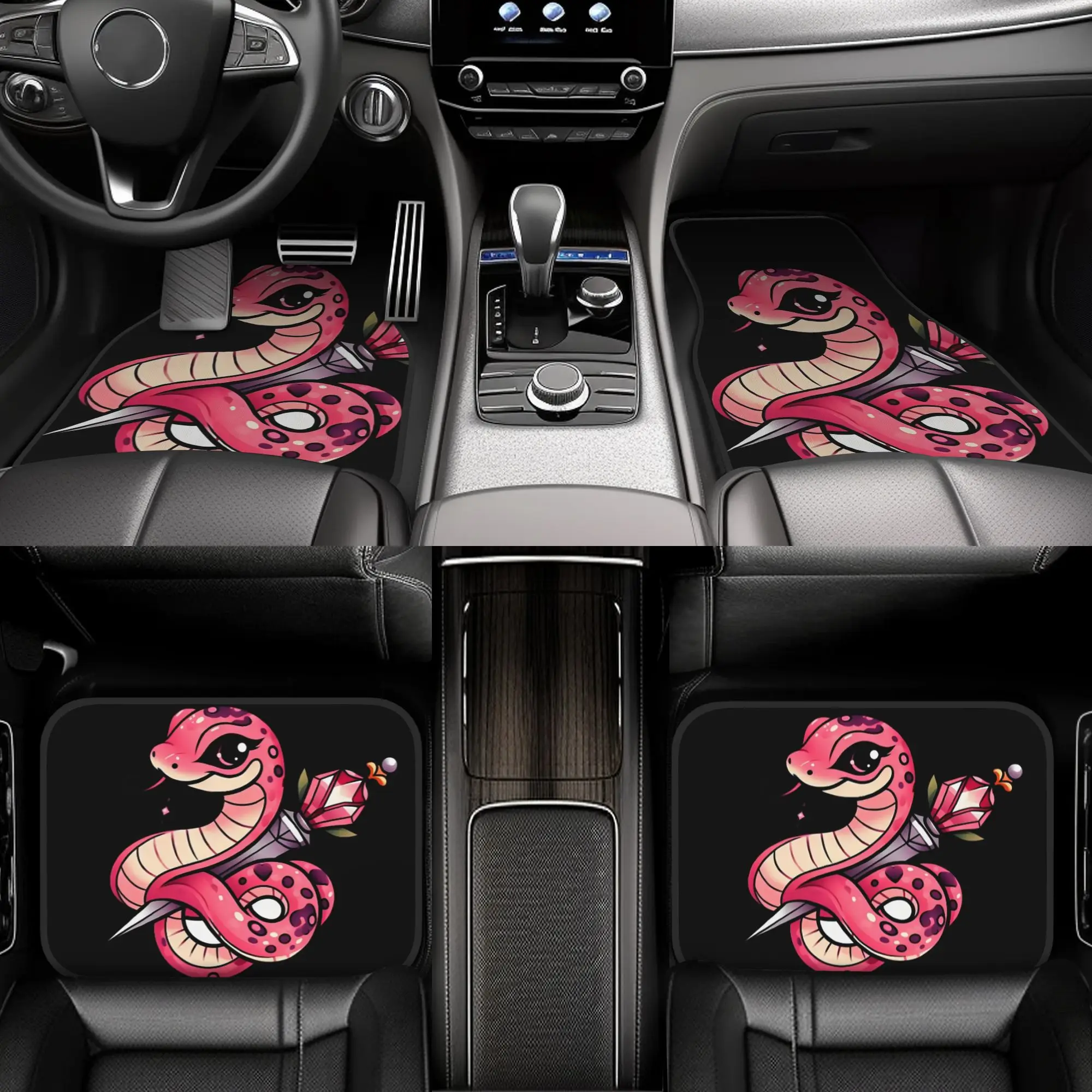 4pcs Cute Pink Snake With Gem Car Floor Mats, 2D Flat Printed With An Adorable Cartoon Snake Holding A Crystal, Playful Yet Edgy