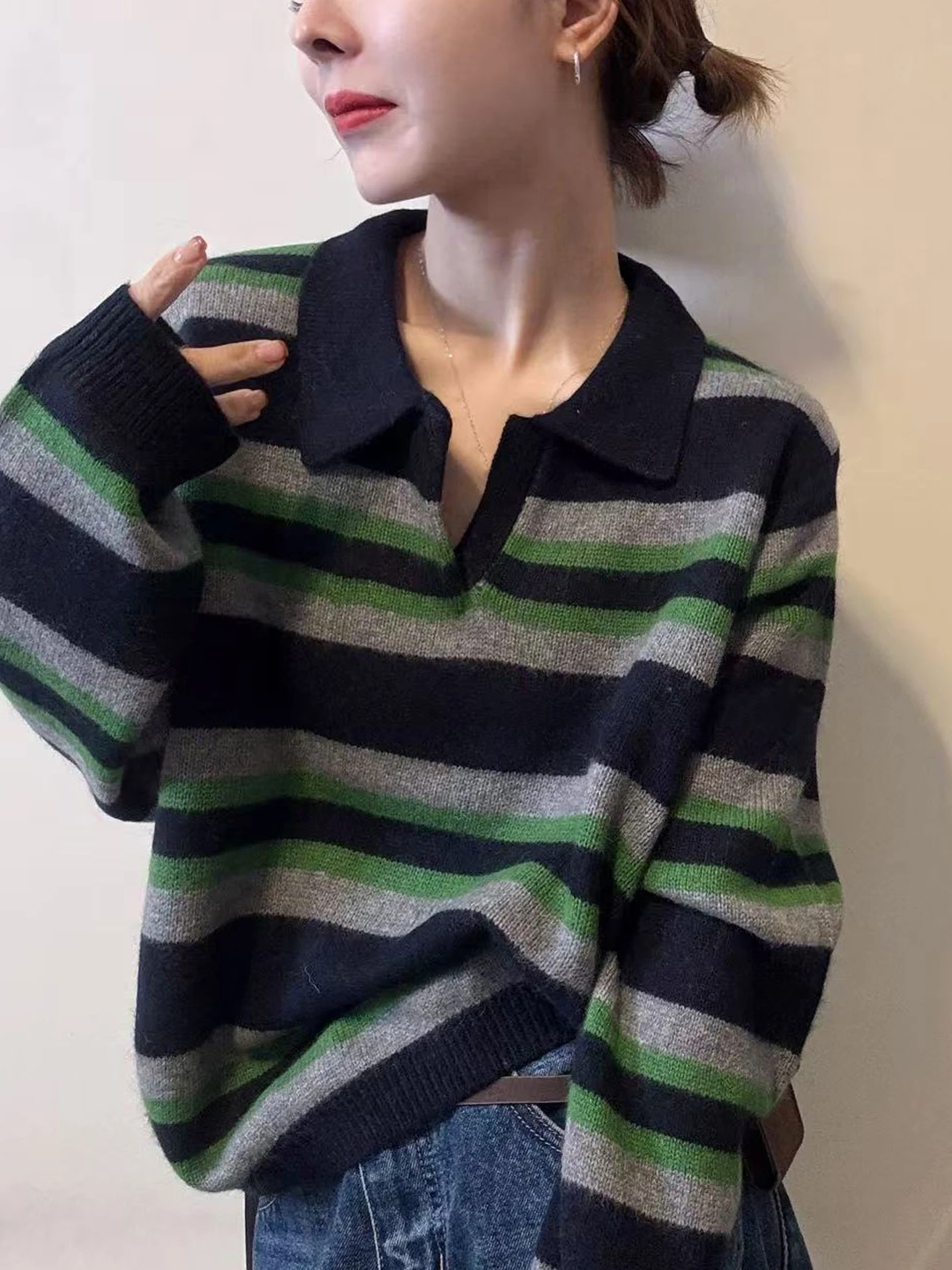 

Вязаный джемпер в стиле колор-блок с полосками, удобный, с длинными рукавами, модный, для повседневной носки, осенний, с эффектом стройности