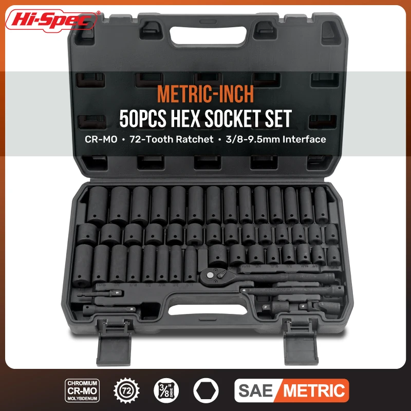 

Hi-Spec 50-PC 3/8" SAE/Metric Socket Set w/Ratchet, Adapters & Extensions (416x267x77mm) for Auto/Mechanic Repair