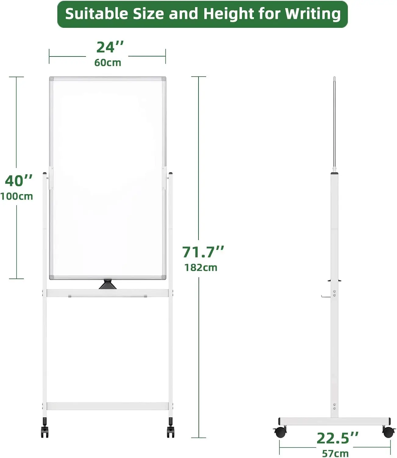 Pizarra blanca rodante magnética de doble cara, pizarra blanca móvil de 40x24 pulgadas, borrado en seco con marco de aluminio, pizarra Blanca de pie