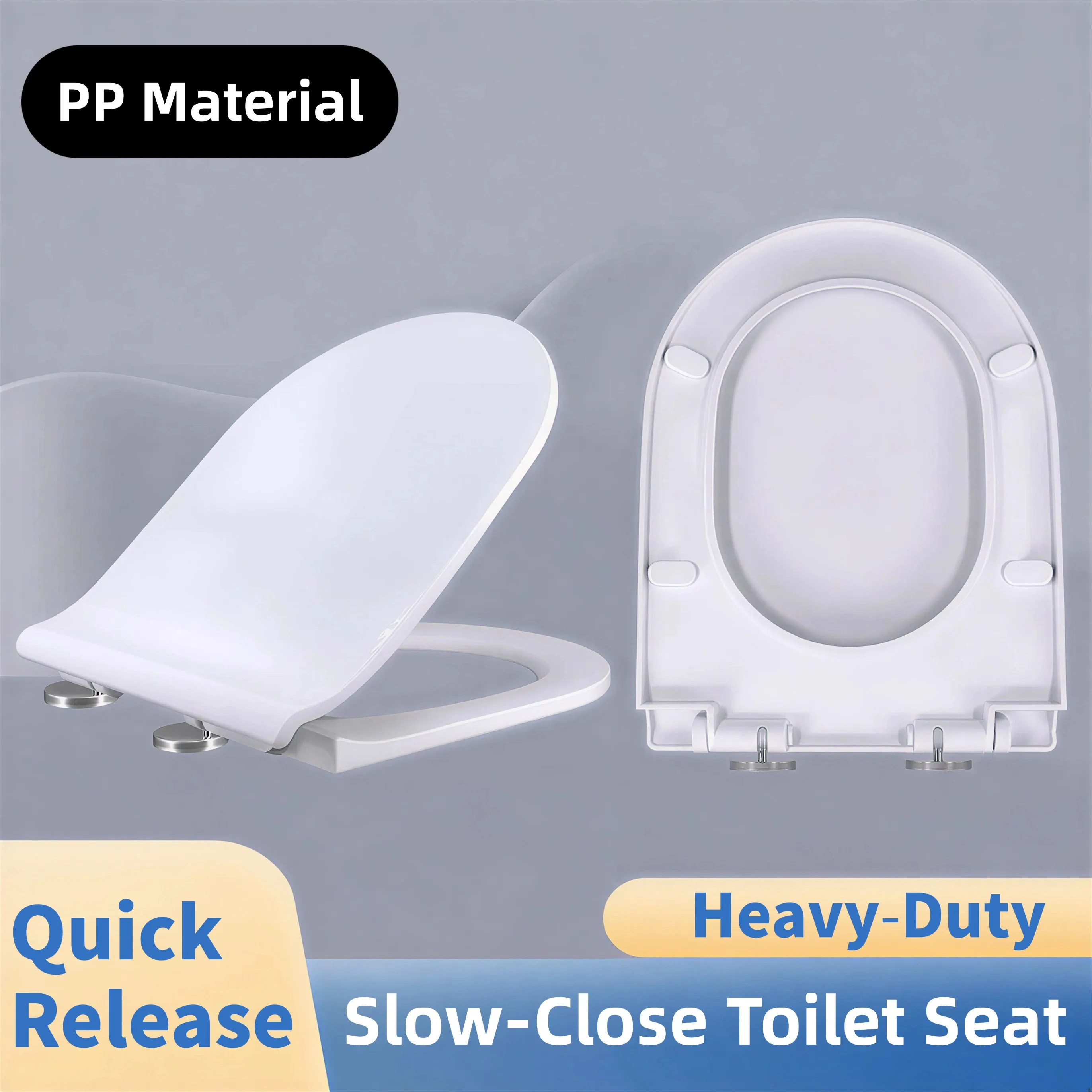 PP Toilet Seat Quick Release Silent Slow Close Toilet Lid Anti‑Yellowing Thickened Replacement Toilet Cover for U/V‑Shape Toilet