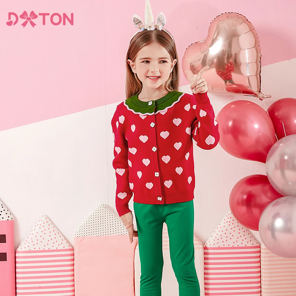 DXTON Children Winter Knitting Tops Heart Green Red Baby Girls Sweater Cardigan Kids Knitted Warm Coat Sweater Elastic Jacket