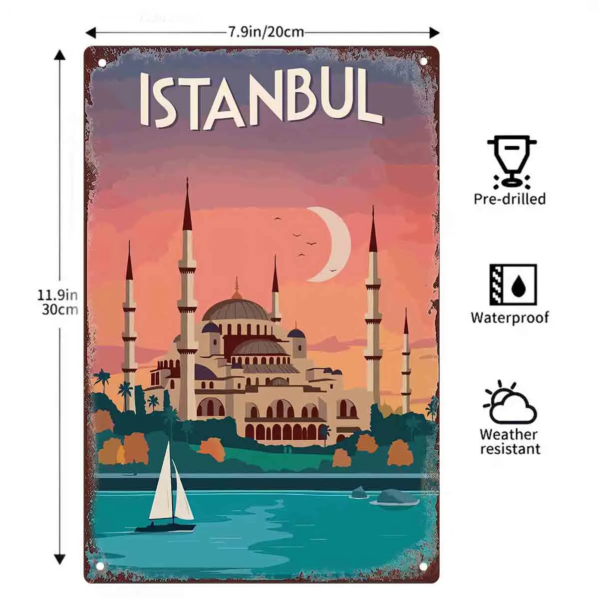 2D FLAT 1pc Istanbul Sunset Mosque Metal Wall Sign Decoration for Home Cafe Garage Bedroom Porch And Garden