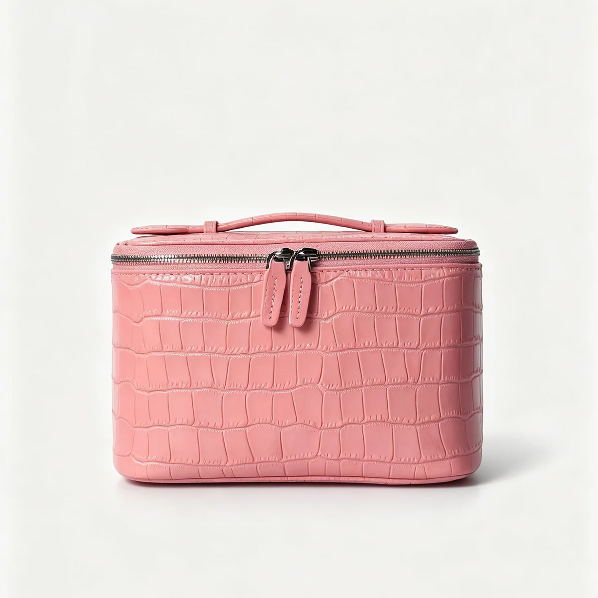 Geprägter Kosmetikbeutel aus Leder mit Krokodil-Optik, großer Stauraum, mehrere Taschen, Handtaschen-Organizer für Toilettenartikel, Reise, rosa Ausführungen. – Detail 11