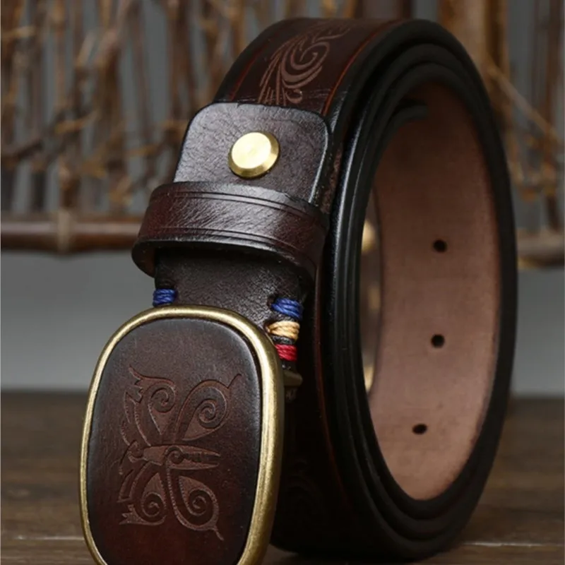 Men with smooth engraved pattern belts leather top layer cowskin waist