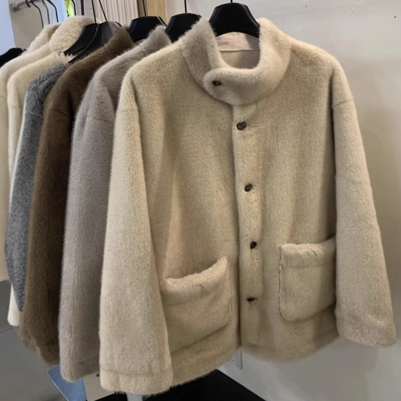 

Faux Fur Women Coats Mid Length Coat Stand Collar Thick Warm Y2k Streetwear Elegant Warm JacketsOuterwear Autumn Winter Overcoat