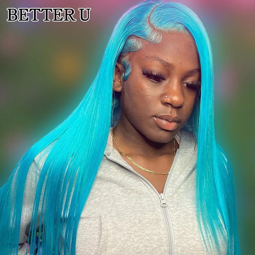 

Прямые синие волосы 13x6, парики из натуральных волос на кружеве, предварительно выщипанные, бразильские человеческие волосы, небесно-голубой, 13x4, кружевной фронтальный парик для женщин