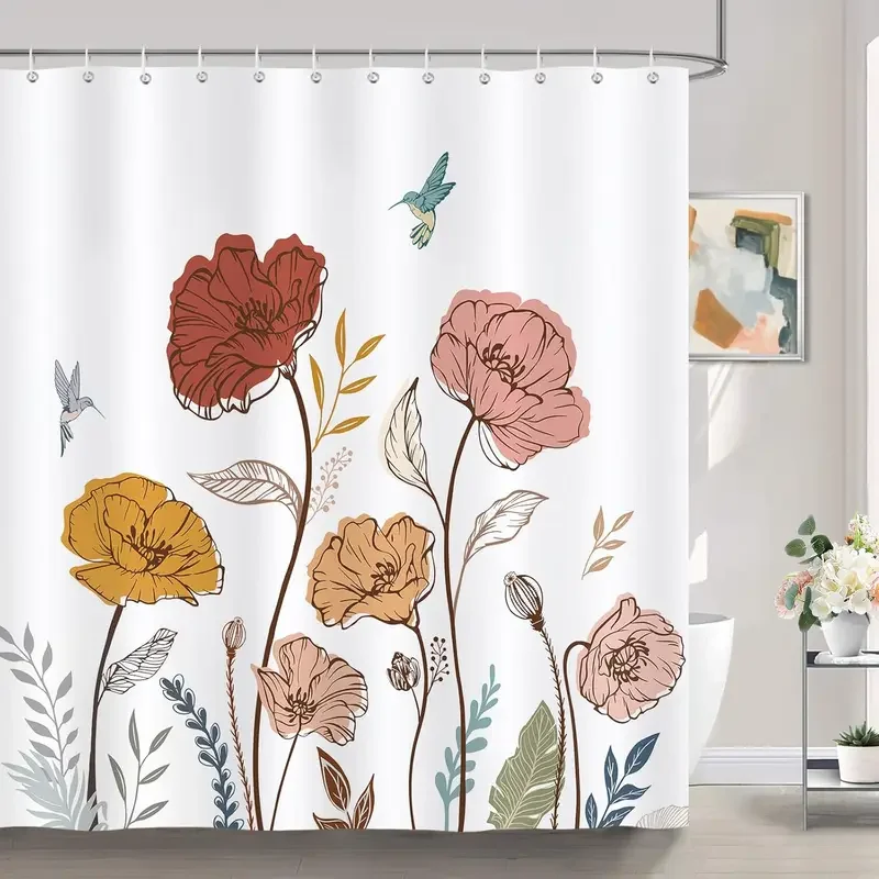 Boho Floral Hummingbirds Shower Curtain Butterfly Flower Plants Leaves Bird Modern Bathroom Decor Fabric Bath Curtain with Ho@0