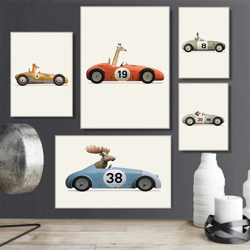 Modern Cute Animals Driving Car Canvas Paintings  Funny Animal Posters for Home Nursery Kids Bedroom Wall Decor