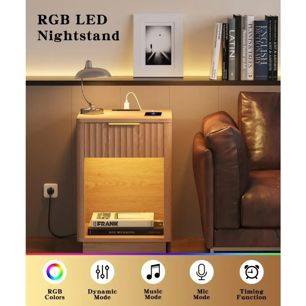 طقم منضدة مكونة من قطعتين، حامل ليلي خشبي مع قاعدة شحن وإضاءة LED، طاولة نهاية حديثة مع درج وتخزين مفتوح #4