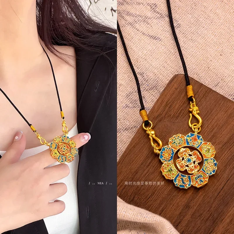 9999 Real Gold 24K Ancient Gold Enamel Color Buddhist Eight Treasures Transit Roulette Pendant Hand-woven Black Rope Pendant