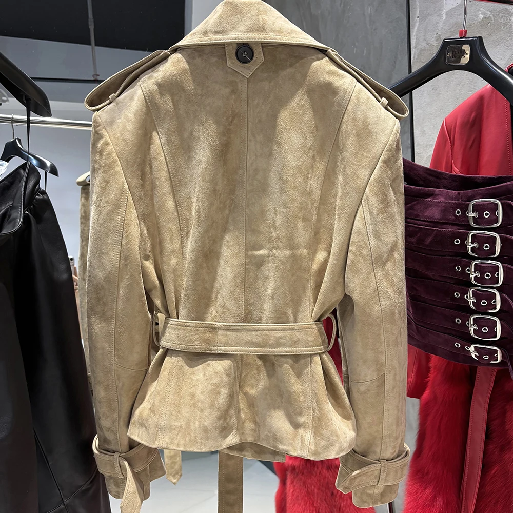 YOLOAgain Double Breasted Croc Pattern Leather Jacket Women 2026 Autumn New Genuine Leather Jacket Ladies