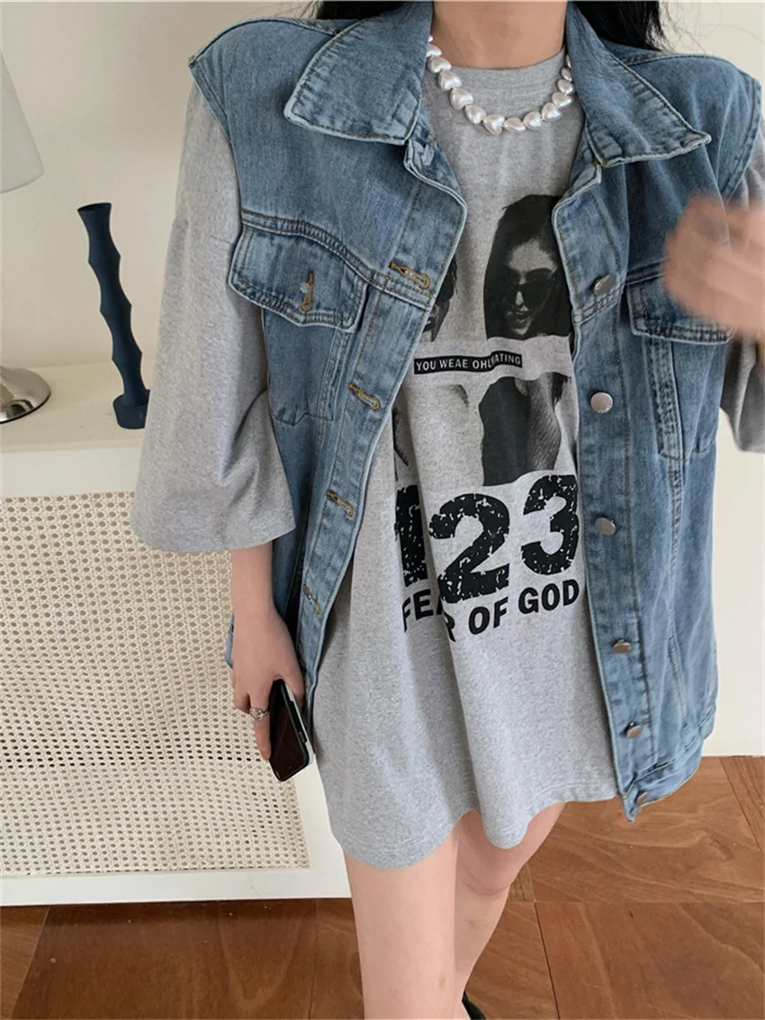 Obcy kotek BF stylowe jesienne kurtki jeansowe kobiety luźne nadruk w stylu Vintage krótki rękaw 2023 w stylu Casual, biurowy nosić główna ulica płaszcze