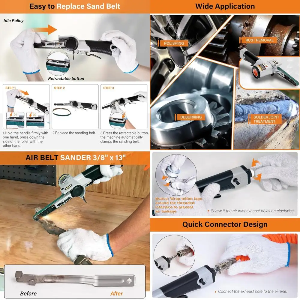 

Пневматическая ленточная шлифовальная машинка 3/8 дюйма x 13 дюймов для дерева и металла, 3 абразивных ленты в комплекте, промышленный пневматический инструмент
