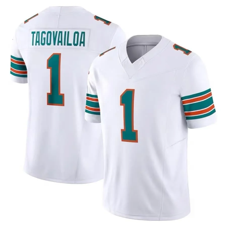 Men Dolphins #1 Tua Tagovailoa Aqua Jersey Name Number Striped Cuff V Neck Short Sleeve Fan Game Sports Uniform Family Matching