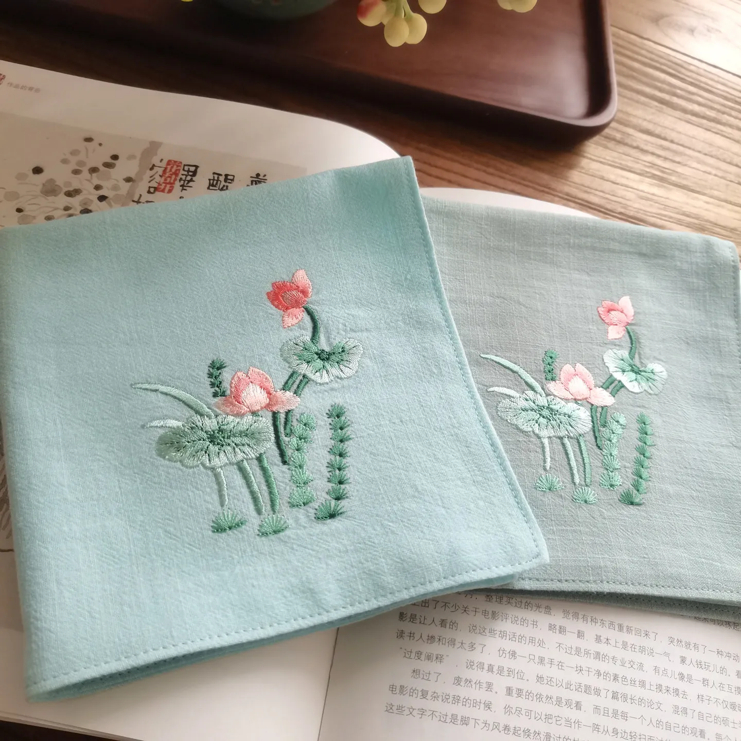 Chinese Style Lotus Embroidered Cotton Handkerchief Traditional Hanfu Matching Accessory Sky Blue Light Grey Green Portable Souv