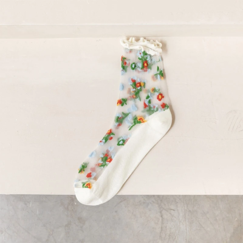 Calcetines empalme fibra cristal para mujer, calcetería con ribete volantes finos florales coloridos