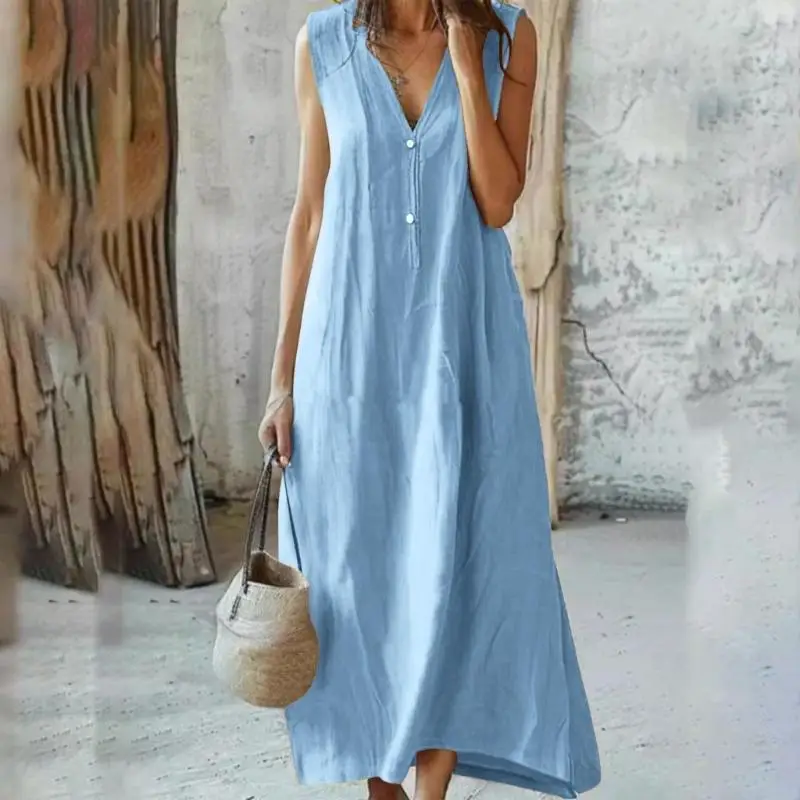 Y3NE Damen-Kleid aus Baumwolle und Leinen, lässig, V-Ausschnitt, ärmellos, Frühlings-Maxikleider, Strandkleider, Urlaubs-Outfits