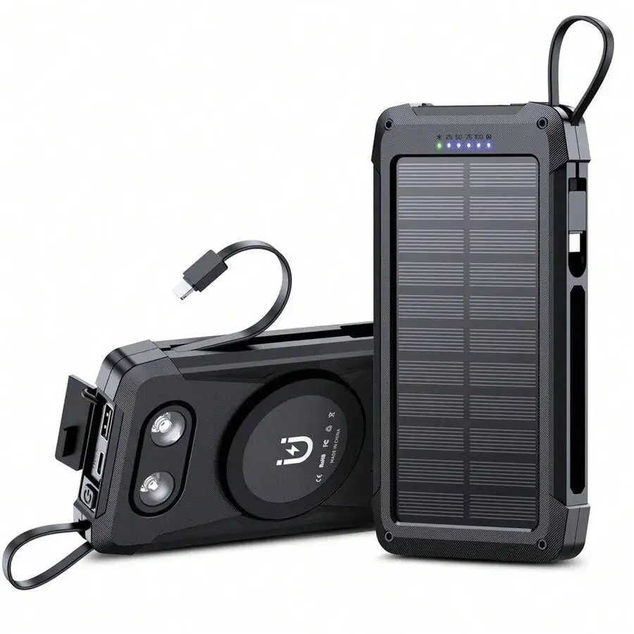 

Solar portable charger featuring magnetic wireless charging function. Large capacity external battery pack comes with flashlight, lightweight and practical for outdoor summer activities.