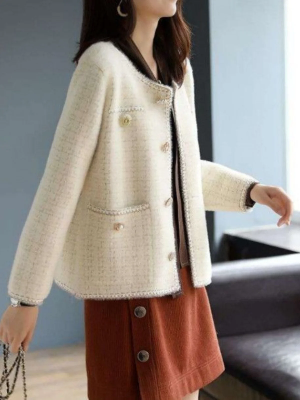 

Твидовый жакет темно-синий для девочек и женщин, осенний, высококачественный, в американском, французском, британском, европейском, китайском, корейском, японском винтажном стиле