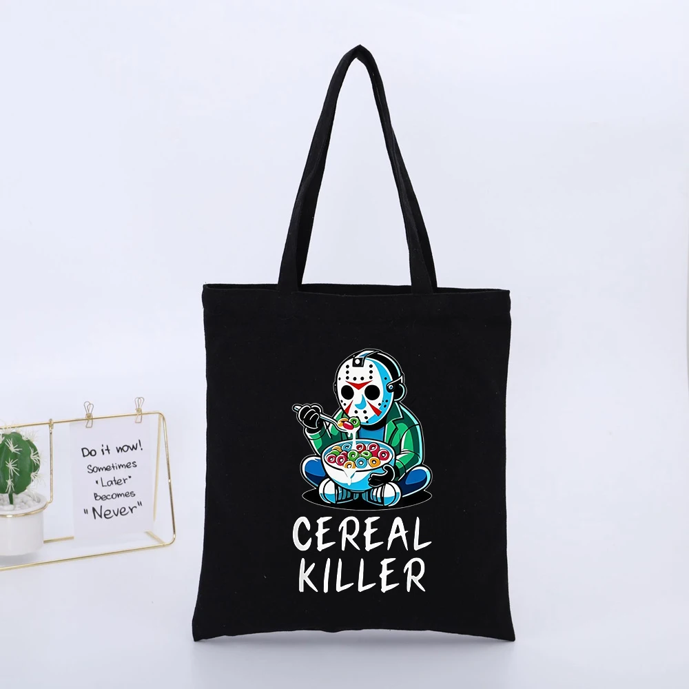 Skull Mask Eating Cereal Graphic Canvas Tote Bag, Streetwear Style for Daily Shopping and Casual Outings
