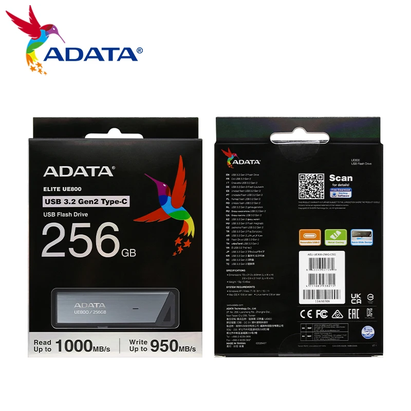 ADATA USB 3.2 TYPE-C UE800 128GB 256GB 512GB 1TB Max Reading 1000MB/S Flash Memory Stick Metal Pen Drive for Phone Desktop