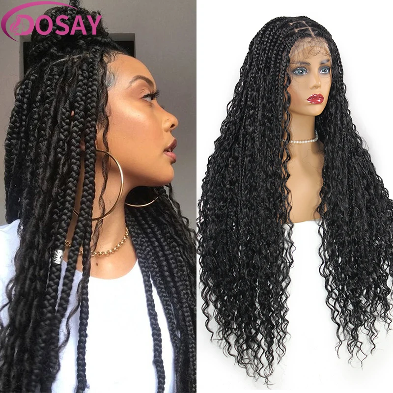 Bohemian Synthetic Braided Full Lace Wig Black Natural Lace Front Square Part Braid Wigs 32inch Long Box Braids Lace Frontal Wig