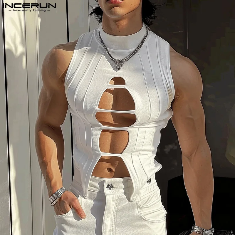 INCERUN Men Tank Tops Solid Turtleneck Sleeveless Hollow Out Irregular Vests Summer Streetwear 2024 Fashion Casual Men Clothing