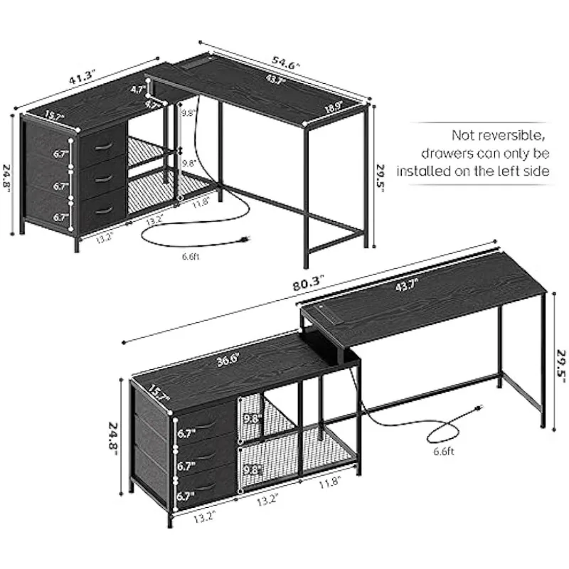 Geformter Schreibtisch mit Steckdosen, Computer tisch mit Schubladen und Regalen, Eck schreibtisch Gaming-Schreibtisch Home-Office-Schreibtisch,