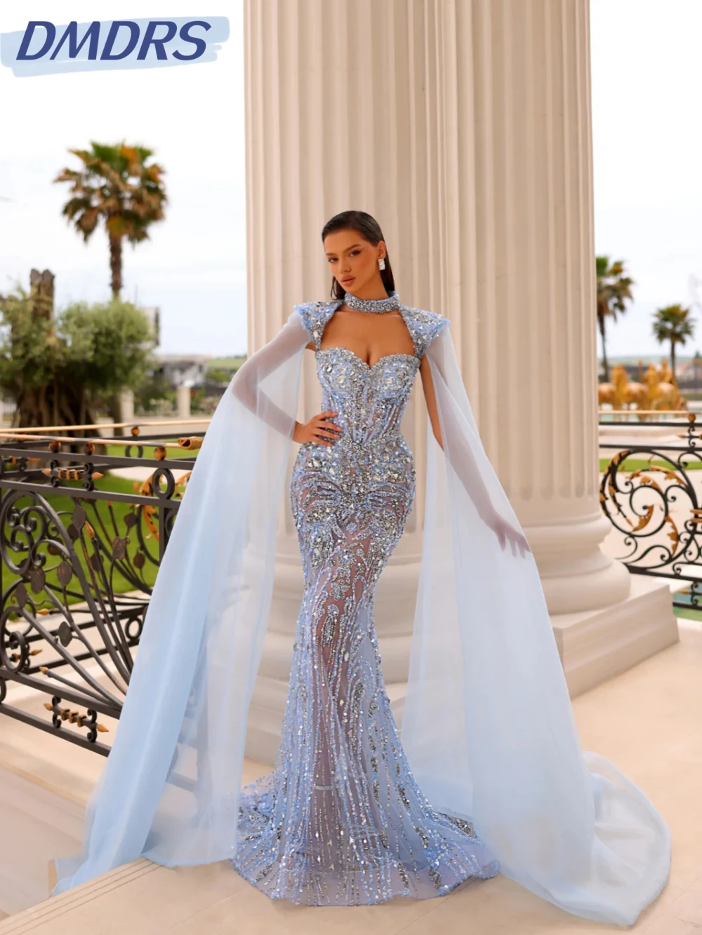 

Light Blue Embroidery Beaded Lace Evening Dress Sparkling Crystal Wedding Party Gown Customized Sweetheart Neck Prom Dresses