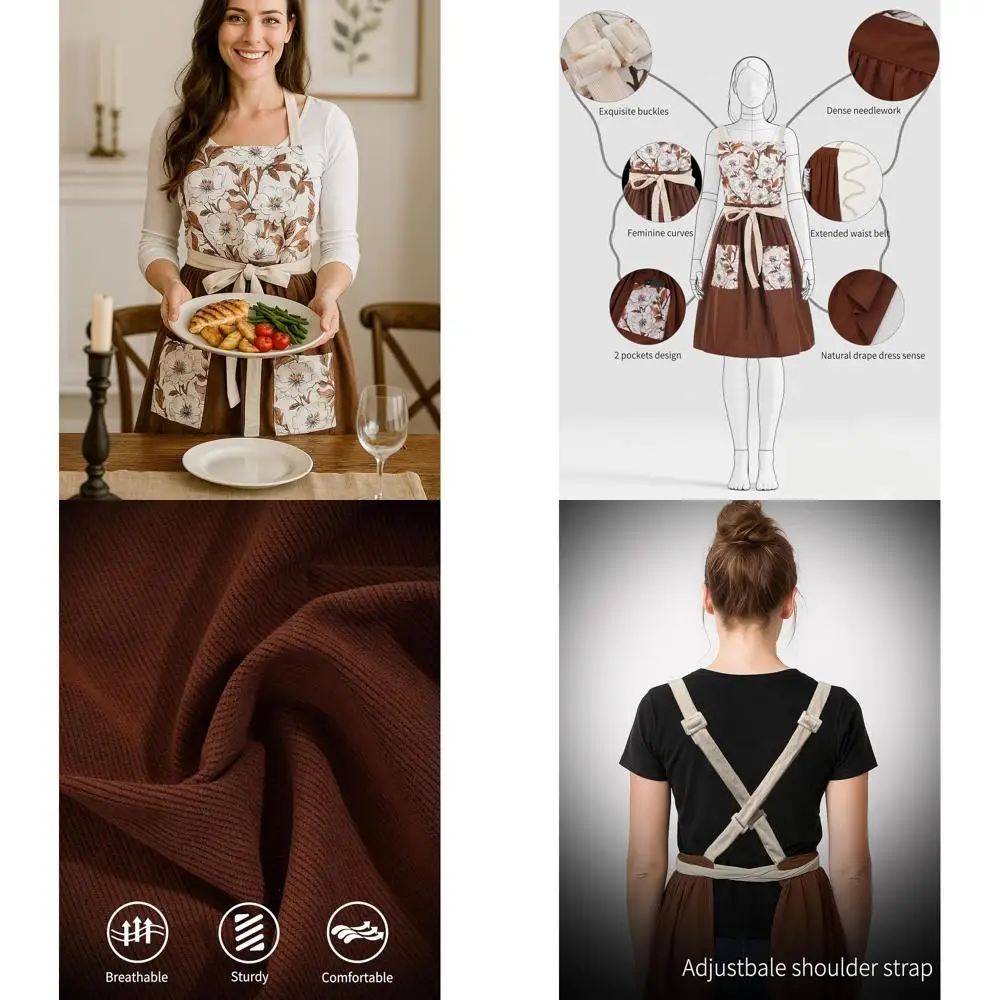 

Floral Pinafore Dress Apron with Pockets for Women - Cute Chef Aprons for Kitchen, Cooking, Baking, Gardening