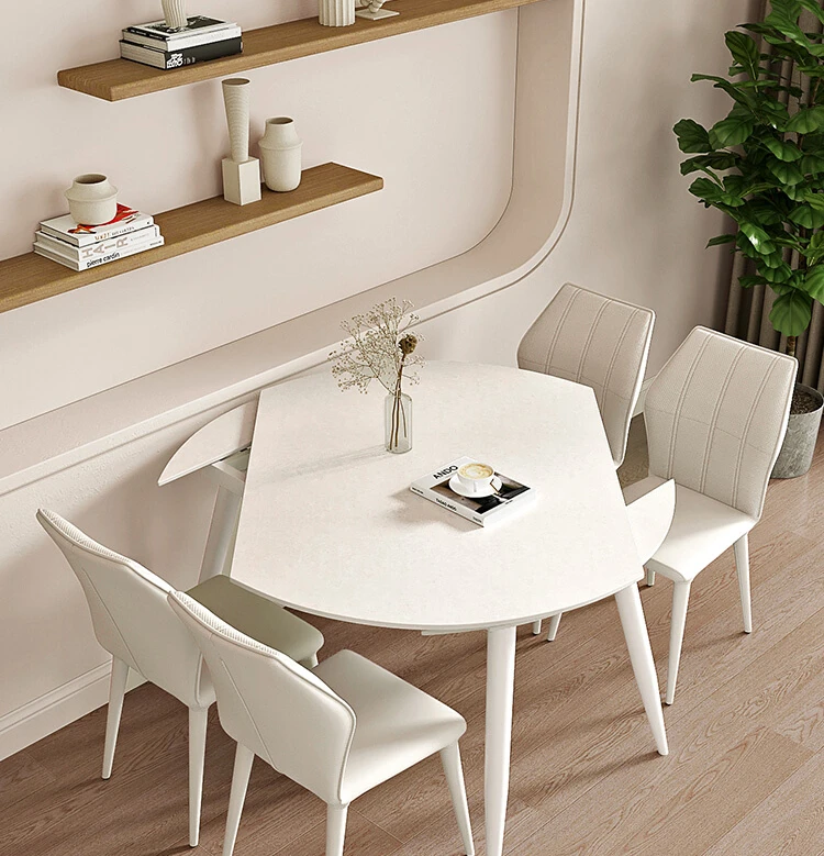 Cream wind rock board dining table and chairs can be retracted, rotated, and folded