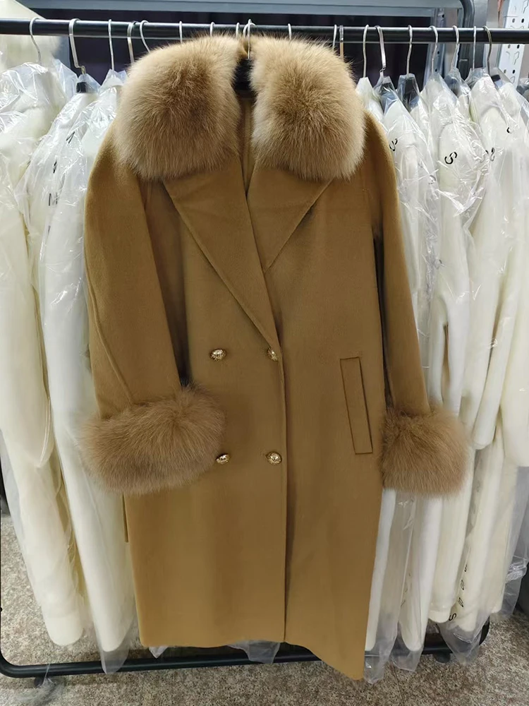 Female Black Classic Woolen Fox Fur Collar and Cuff Decoration Women Winter Camel Woolen Slim Belt Long Woolen Coat