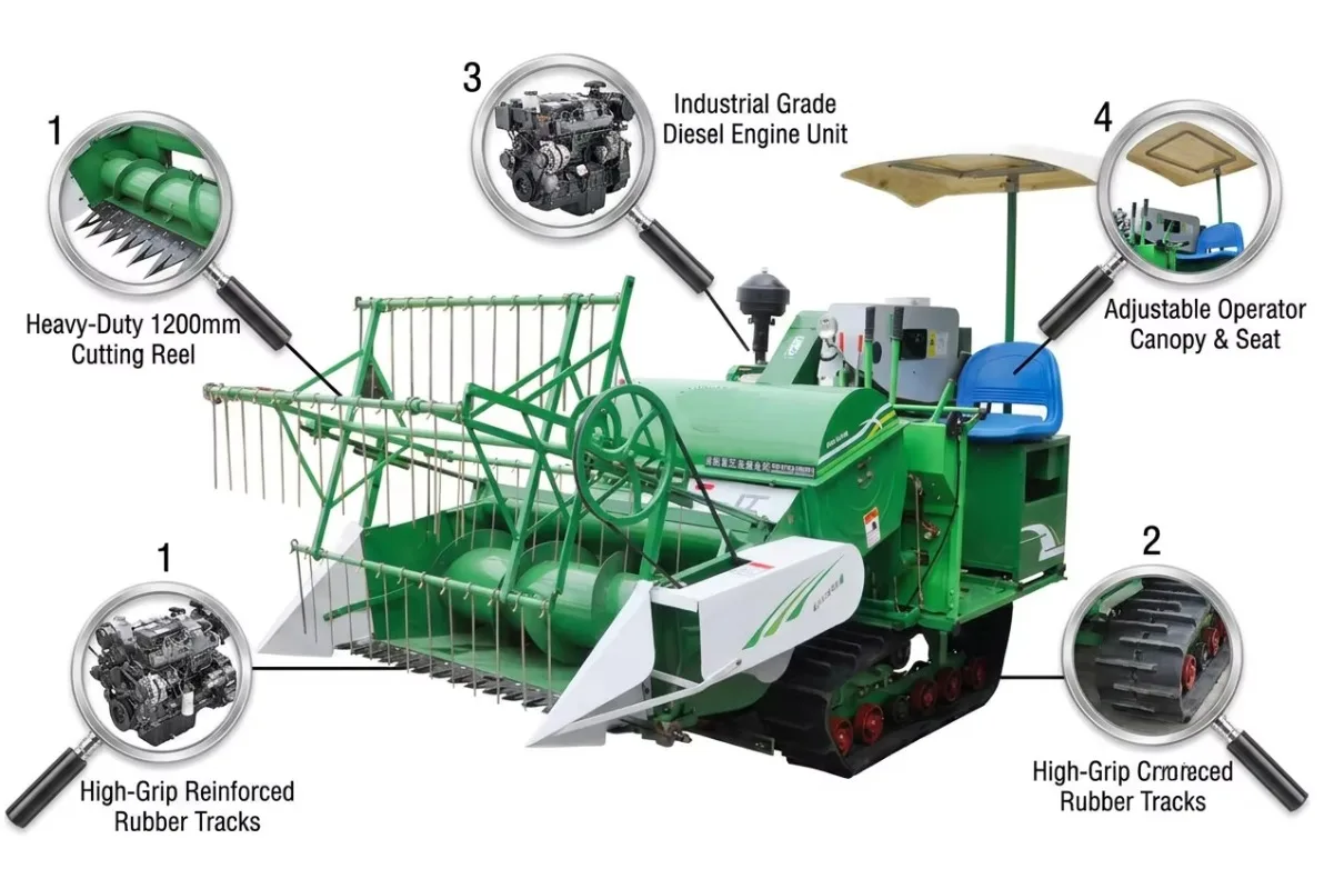 Mud Field Special Crawler Rice Combine Harvester Good Passability Diesel Engine Small Paddy Farm Threshing Grain Collecting