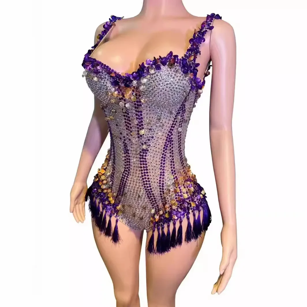 Purple Glitter Luxury Dresses Jewel Stretch Bodysuit Stage Singer Dancer Performance Costume Sexy Rave Outfit Women Fashion Clot