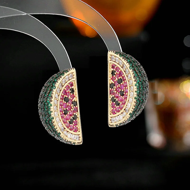 

Fashion Watermelon Titanium Steel Micro-Inlaid AAA Zircon Silver Needle Luxury Fruit Earrings