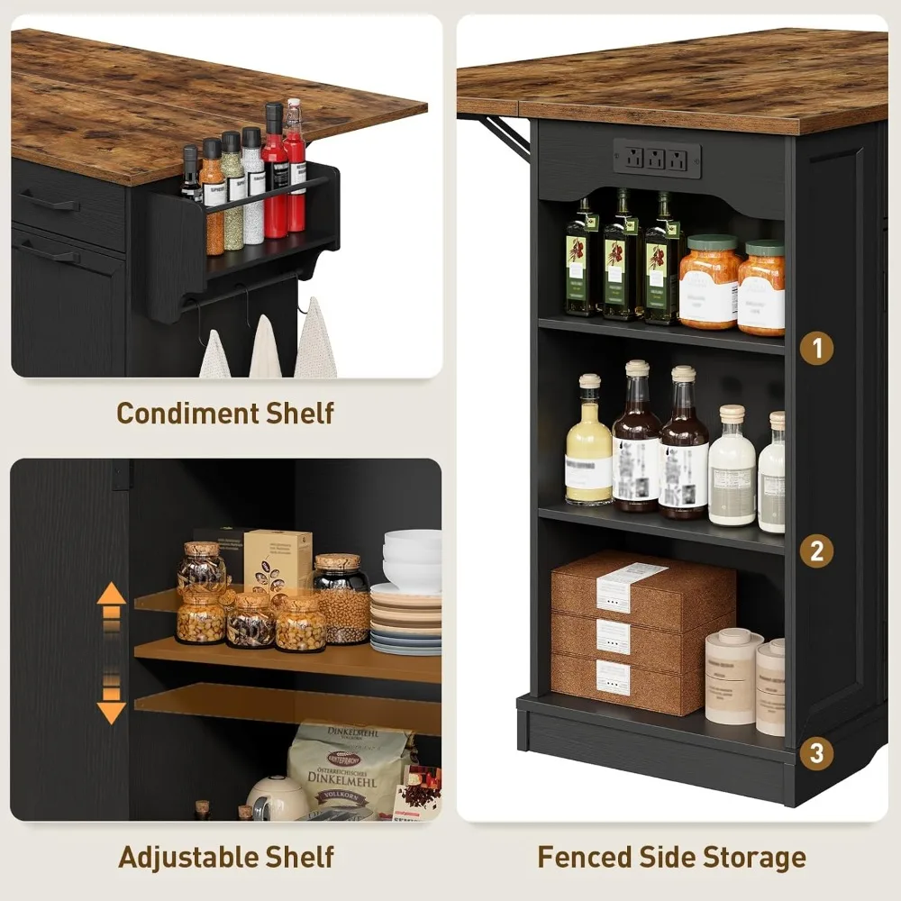 جزيرة المطبخ مع طاقة مدمجة وجوانب قابلة للطي، عربة تخزين محمولة مع حاوية سلة مهملات، مطبخ ريفية متدحرجة