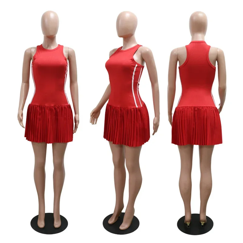 Casual de malha verão plissado a linha mini vestido mulher sem mangas o pescoço fino lado listrado elástico festa clube vestidos streetwear