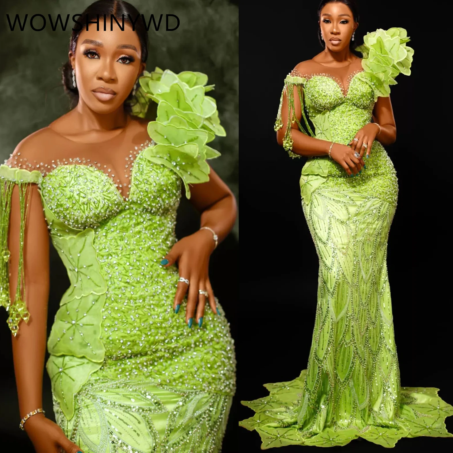 2024 Aso Ebi Green Mermaid Prom Dresses Crystals Sequined Evening Formal Party Second Engagement Birthday Gowns Dresses ZJ1571