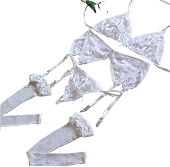 Lace Women Lingerie Set 4 Pcs Sling Open Bra Sexy Wiht Garter Panties Push Up Bra Set  Transparent Underwear Net Stockings view 2