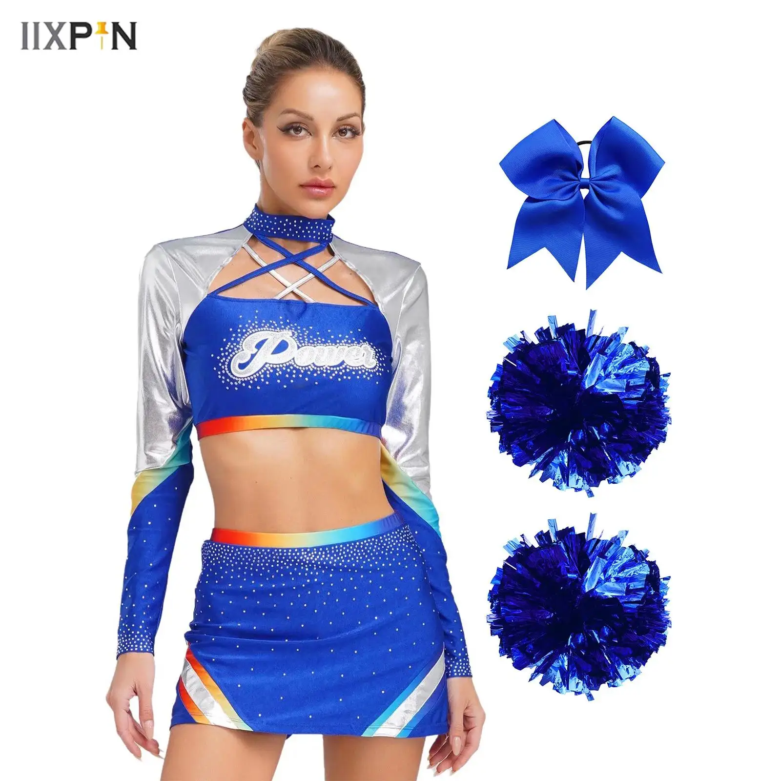 

4Pcs Womens Cheerleading Uniform Long Sleeves Sequins Crop Tops+Skirt+Hand Flowers+Bowknot Hair Ties Set Street Dance Outfit