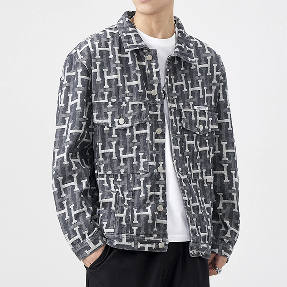 Men's Vintage Denim Jacket Graphic Print Jean Jacket Casual Button Up Jacket Streetwear Spring Autumn