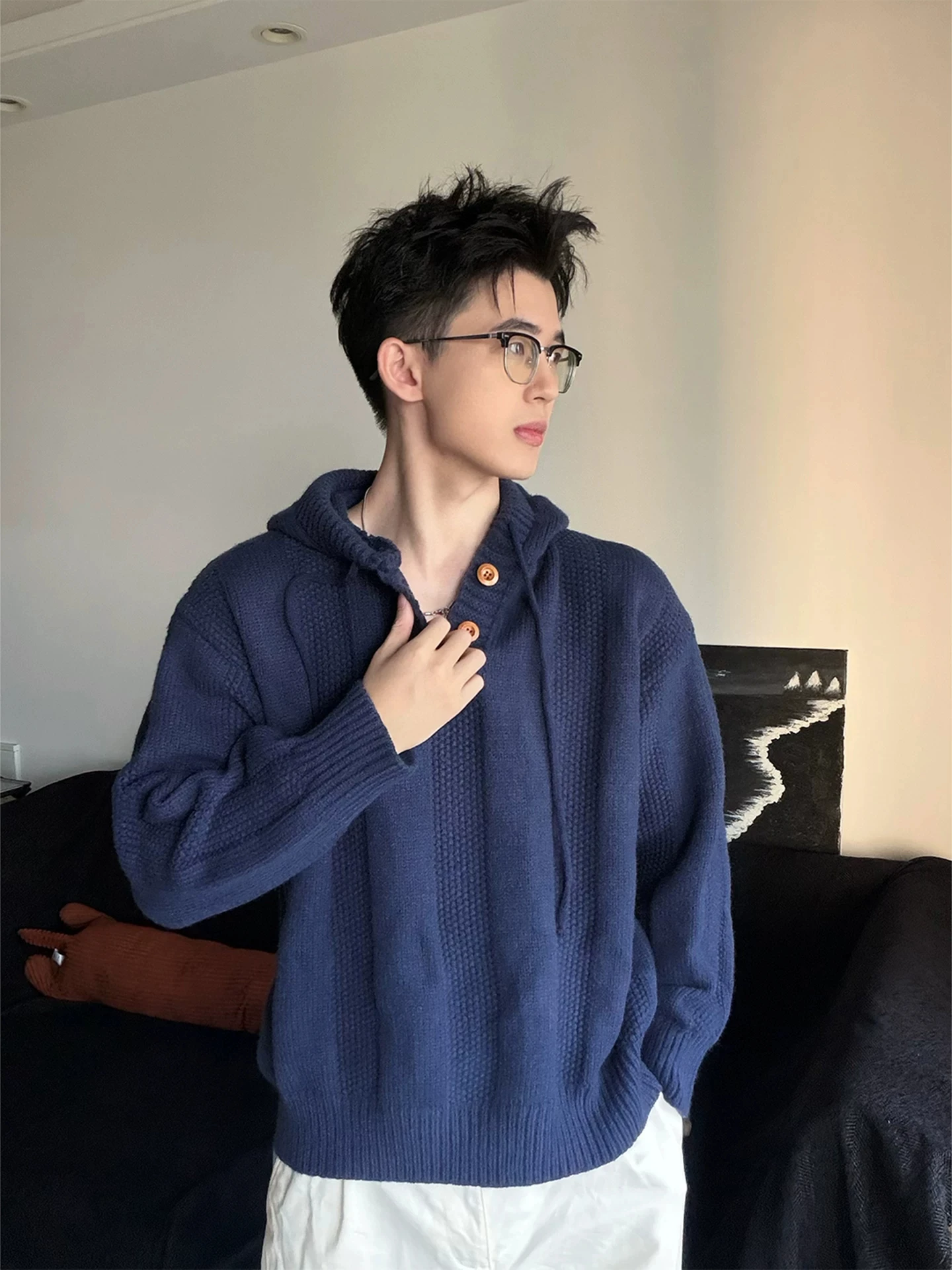 American Retro Lazy  Color Men's Knitted Sweater Autumn Winter Thick Warm Casual Loose All-Match Hooded Overhead Knitwear