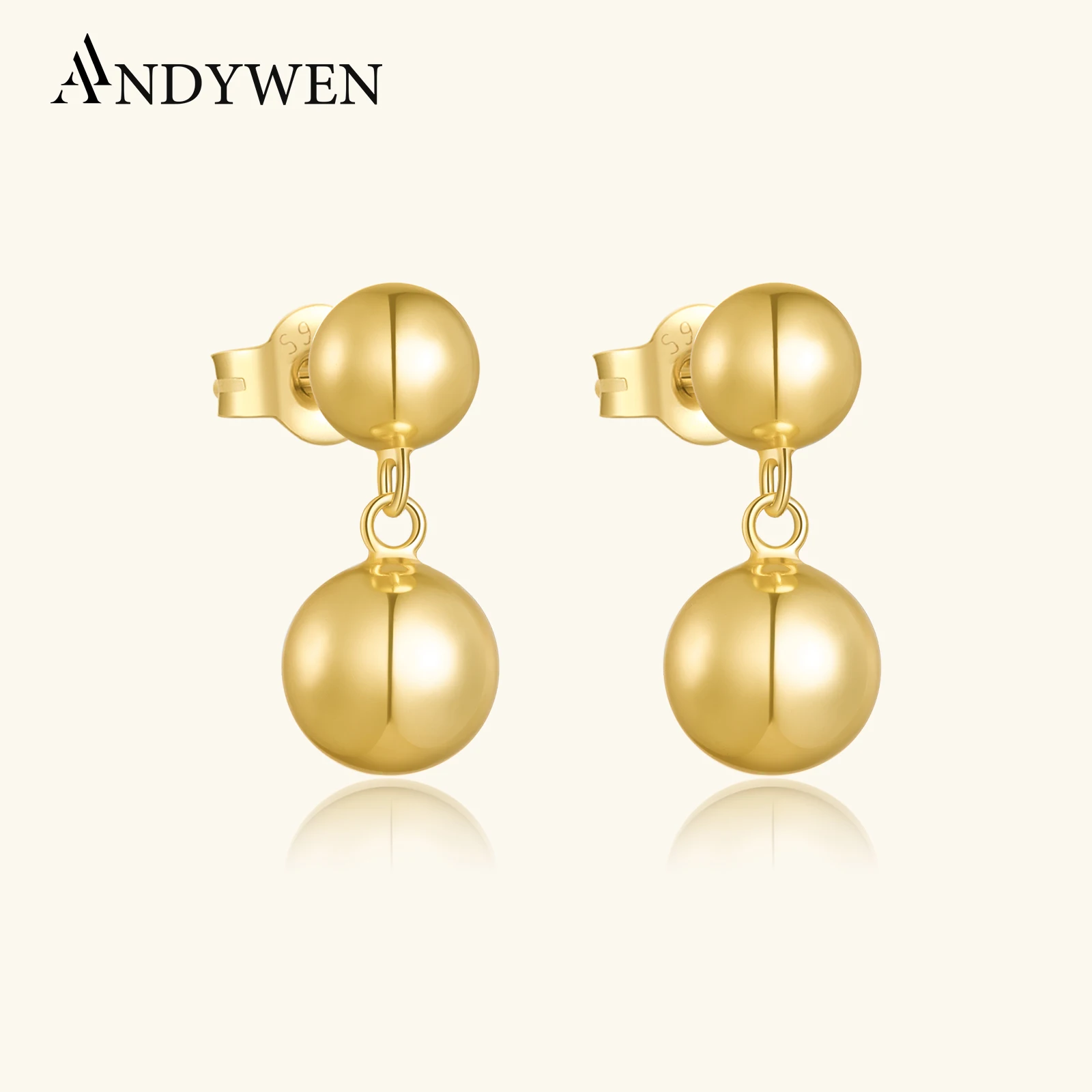 

ANDYWEN стерлингового серебра 925 пробы, золото, 8 мм, 10 мм, шариковые полые серьги-капли, зажимы-подвески, роскошные ювелирные изделия, 2022, женские свадебные украшения